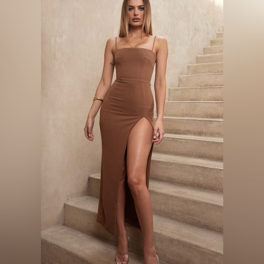 House of CB Jaida Beige/Brown Corset Crepe Maxi Dress size L+ (XL)